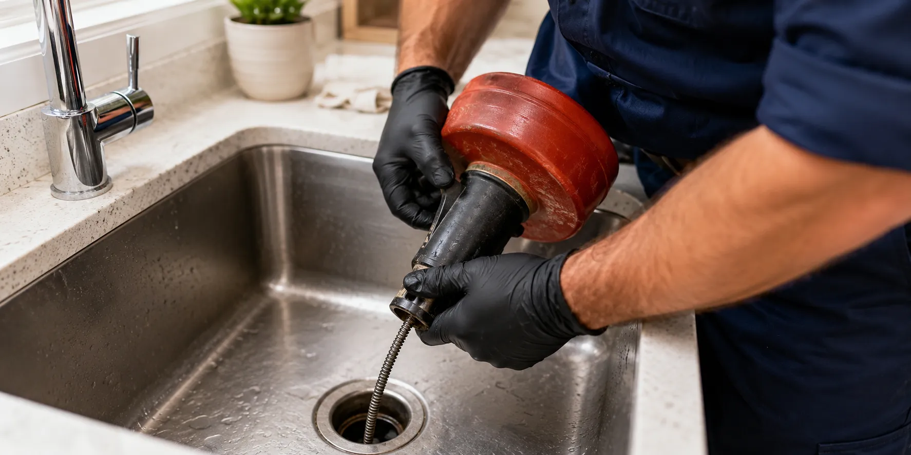 Técnico realizando desentupimento de pia de cozinha em Mogi das Cruzes