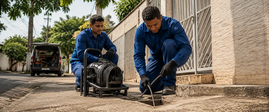 Equipe de desentupidora realizando serviço em residência em Jundiapeba, Mogi das Cruzes