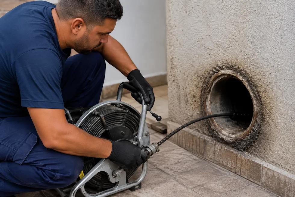 Técnico realizando desentupimento de esgoto residencial em Mogi das Cruzes