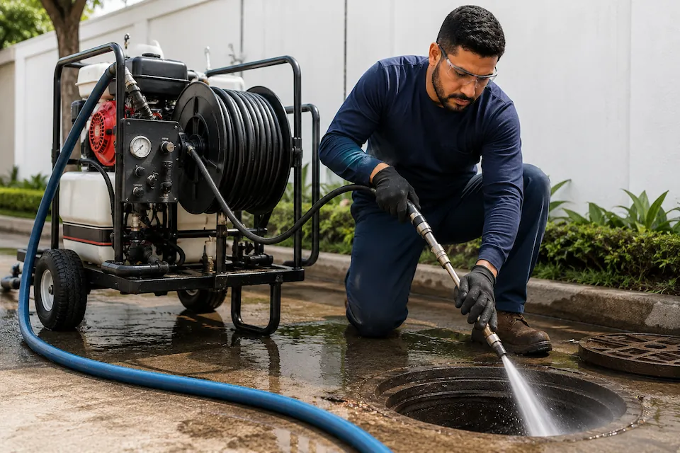 Equipamento de hidrojateamento realizando limpeza de tubulação de esgoto em Mogi das Cruzes